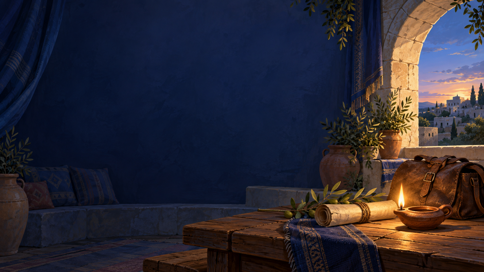 A welcoming lamplit courtyard with an olive branch, scroll and travel satchel beside an open arch